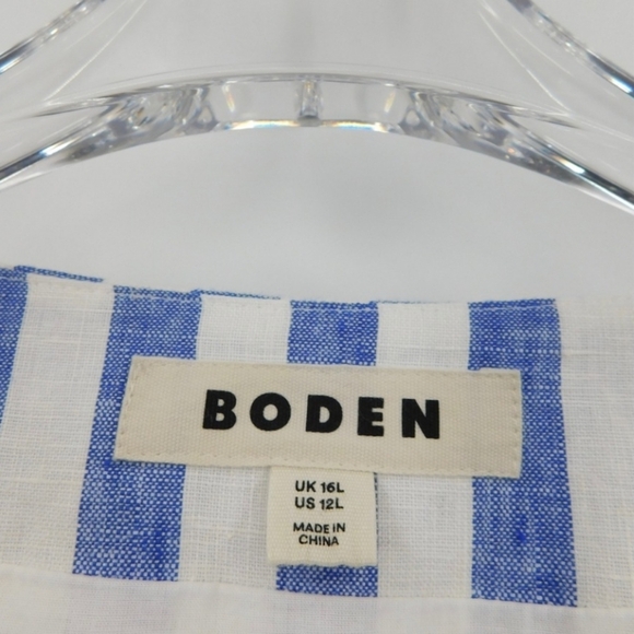 Boden Anna Linen Tiered Midi Dress Blue White Striped Smocked Puff Sleeve 12L - Picture 3 of 6